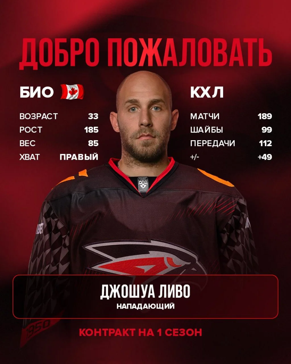 Омский 🦅 Авангард заключил контракт с нападающим Джошуа Ливо сроком на один сезон 📝