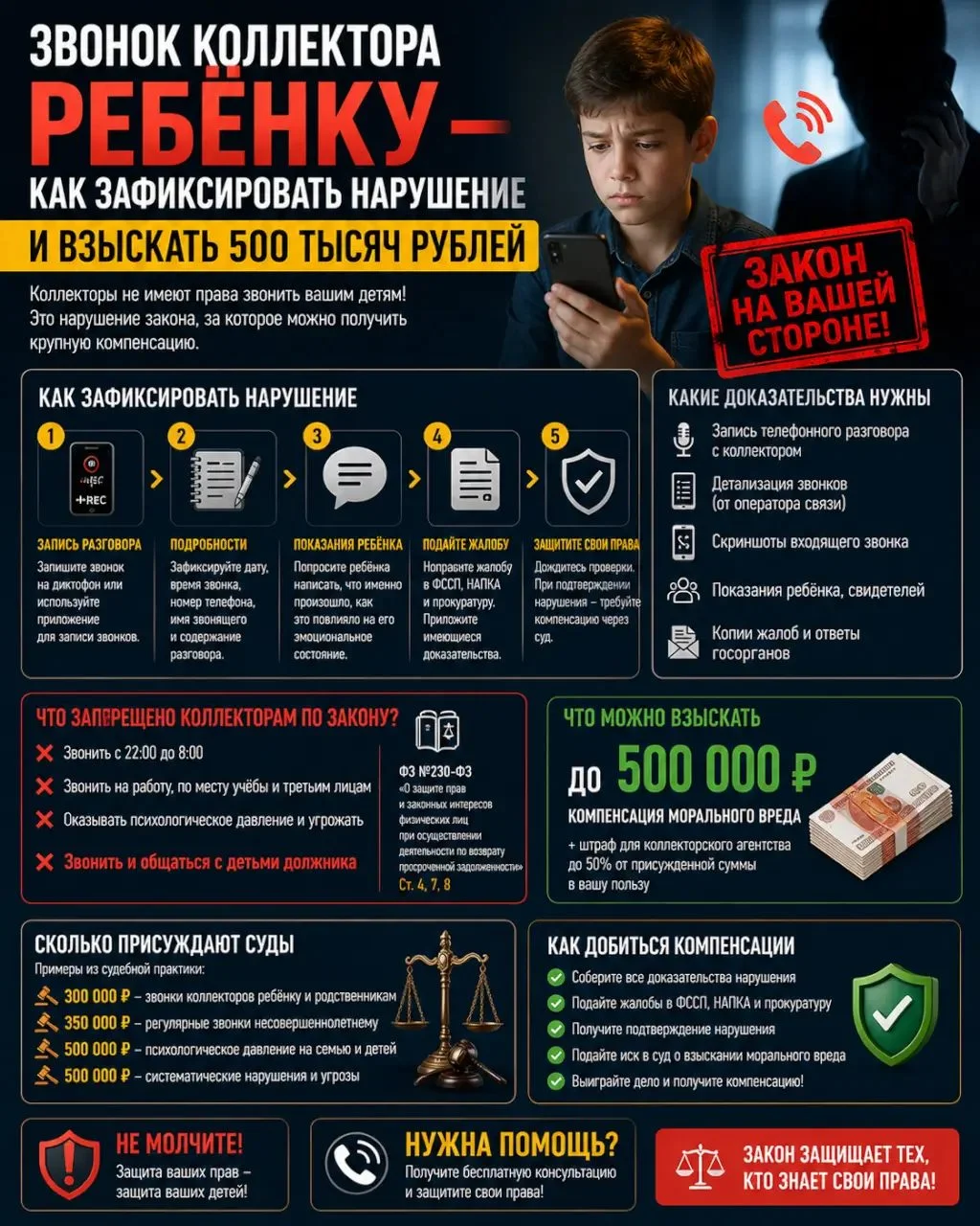Коллектор звонит ребёнку — можно ли получить компенсацию?