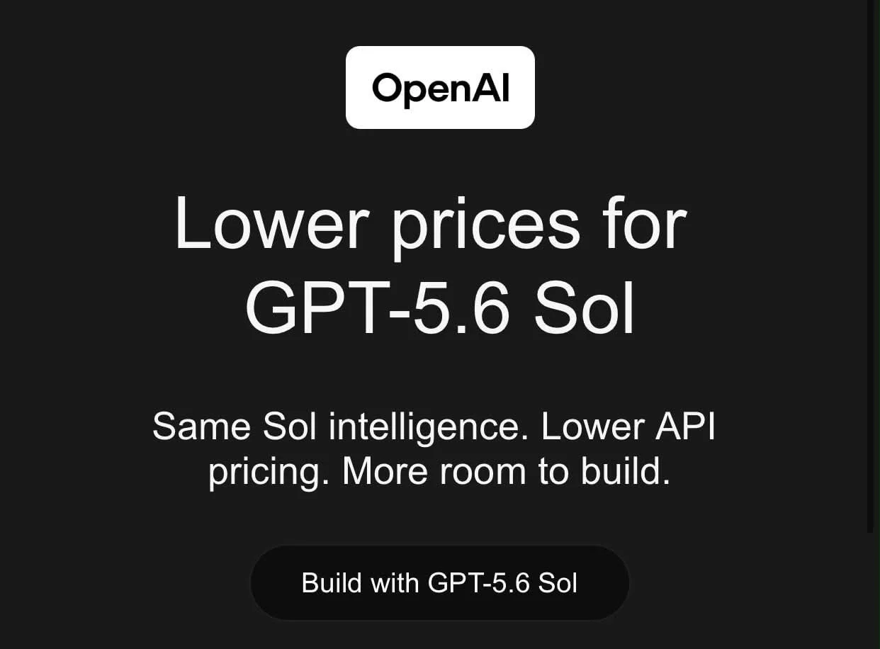 OpenAI снова снижает цены на API. GPT-5.6 Sol теперь: $4/1M input tokens $20/1M output tokens