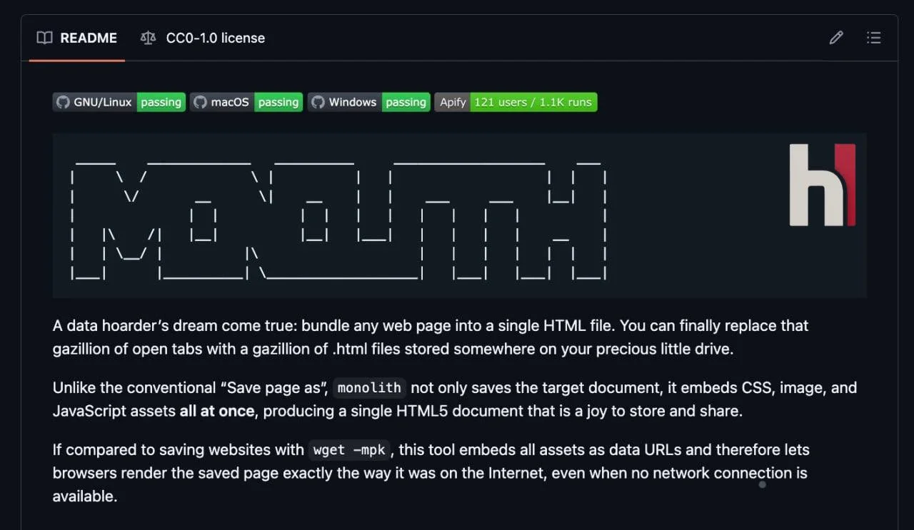 Monolith — это бесплатный инструмент командной строки, разработанный на языке Rust, позволяющий