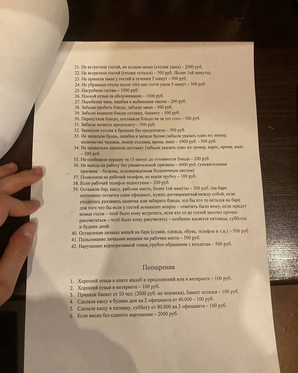 Сотрудники общепита раскрыли систему штрафов и поощрений: штрафовать могут за любое из 42