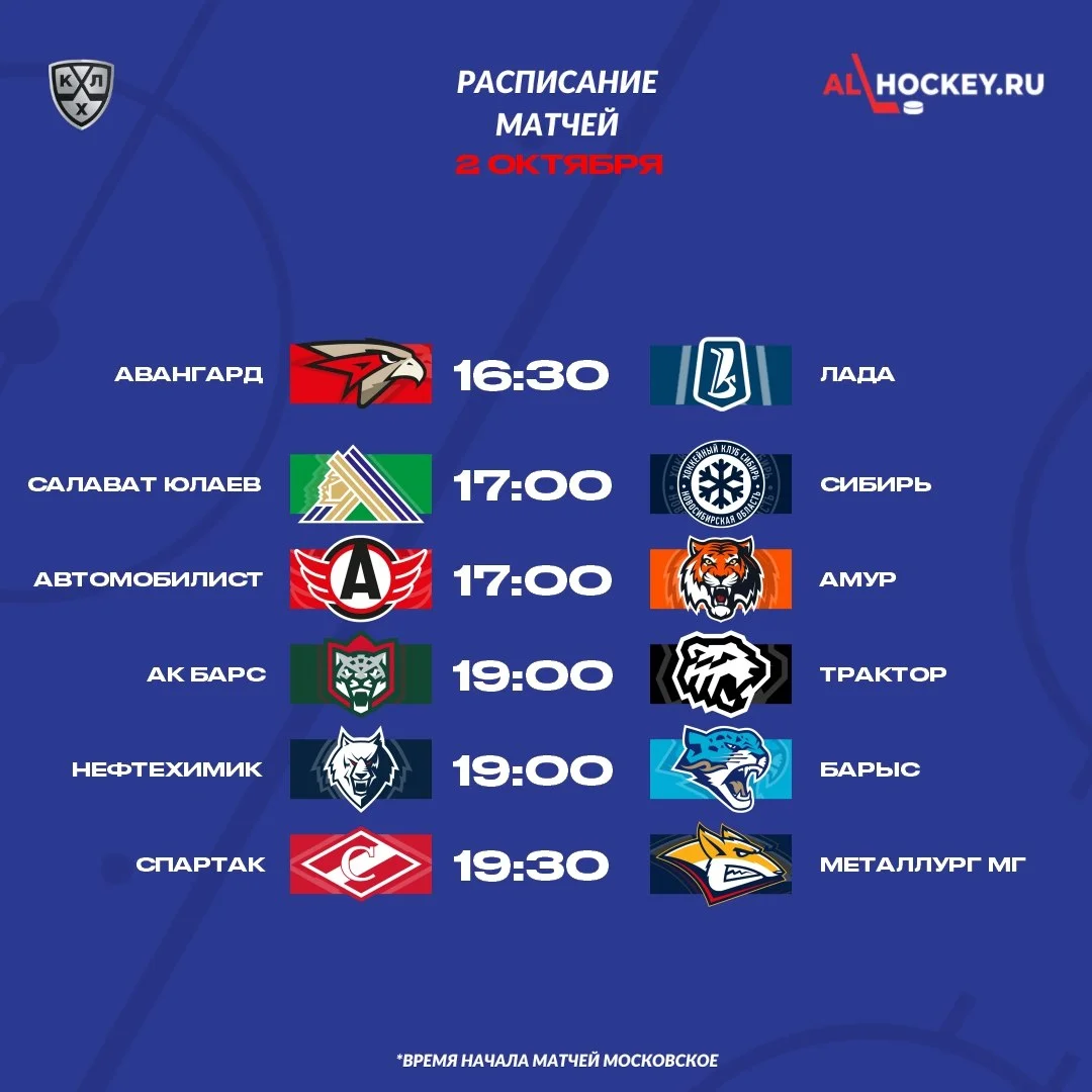 🗓 Расписание матчей игрового дня в регулярном чемпионате КХЛ 🏒