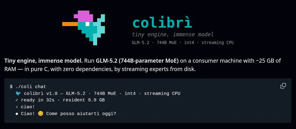 colibri - инструмент, позволяющий запускать модель GLM-5.2 с 744 миллиардами параметров на