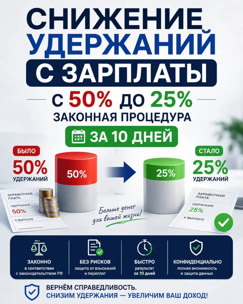 Можно ли снизить удержания с зарплаты с 50% до 25% без суда?