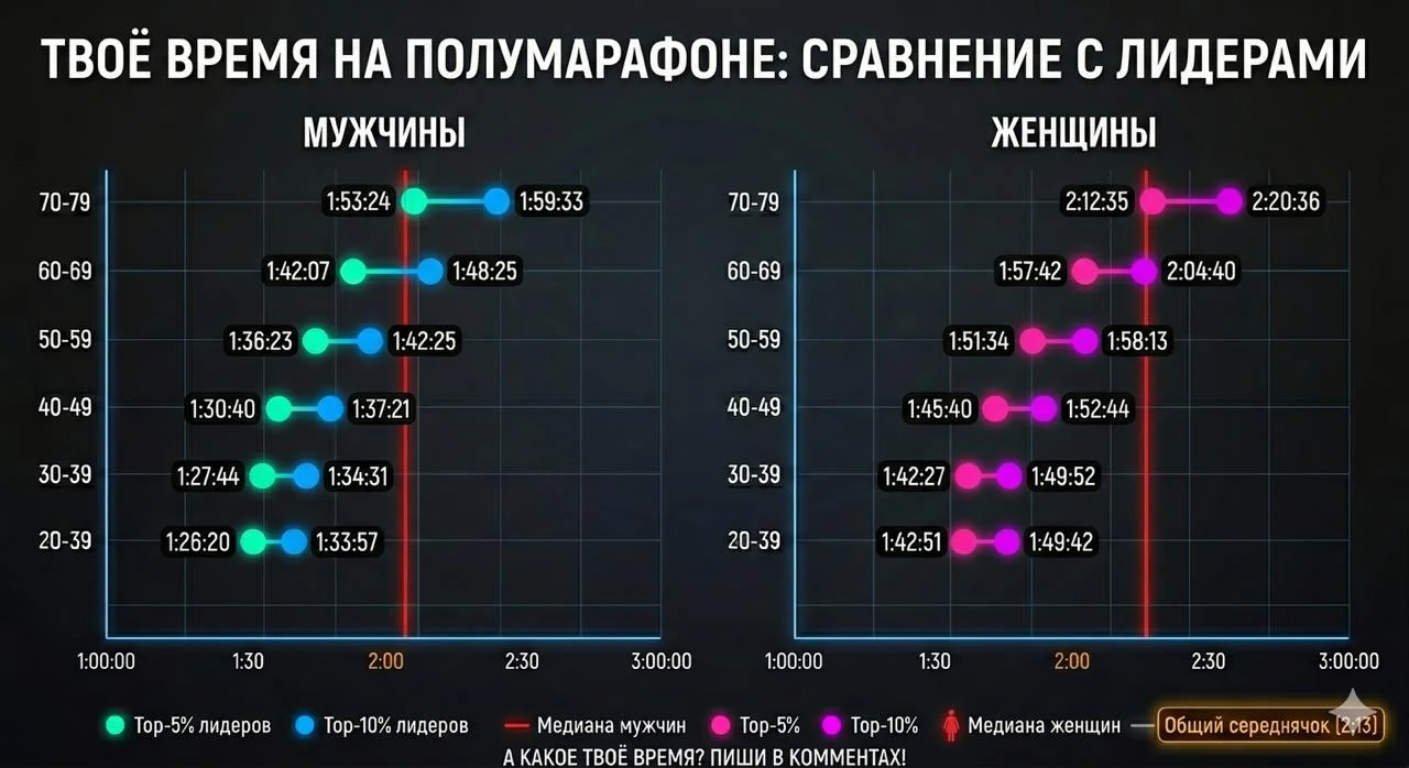 Какое время на полумарафоне считать хорошим для любителя? 🤔