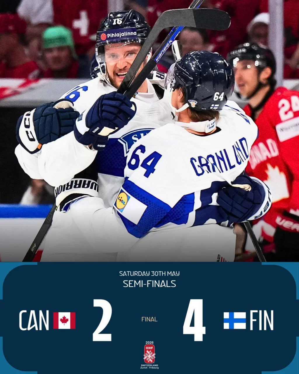 Сборная 🇫🇮 Финляндии обыграла 🇨🇦 канадцев и вышла в финал 🏒 ЧМ-2026, где сыграет с командой