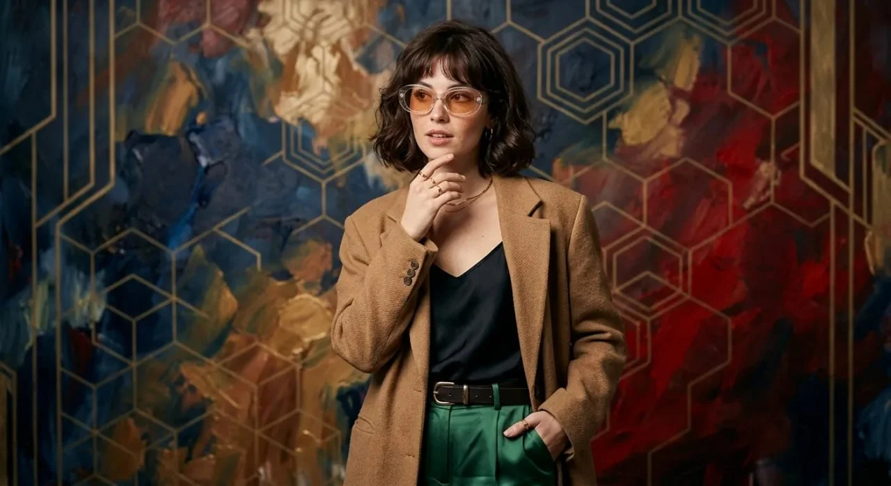 Промпт для генерации: Fashion-портрет с арт-фоном