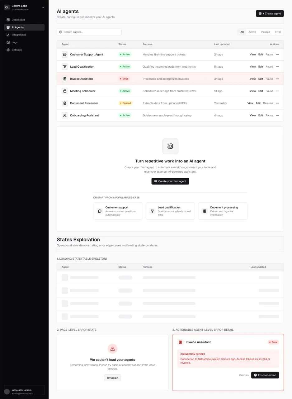 Спроектировал экран интерфейс управления AI-агентами, для B2B SaaS платформы