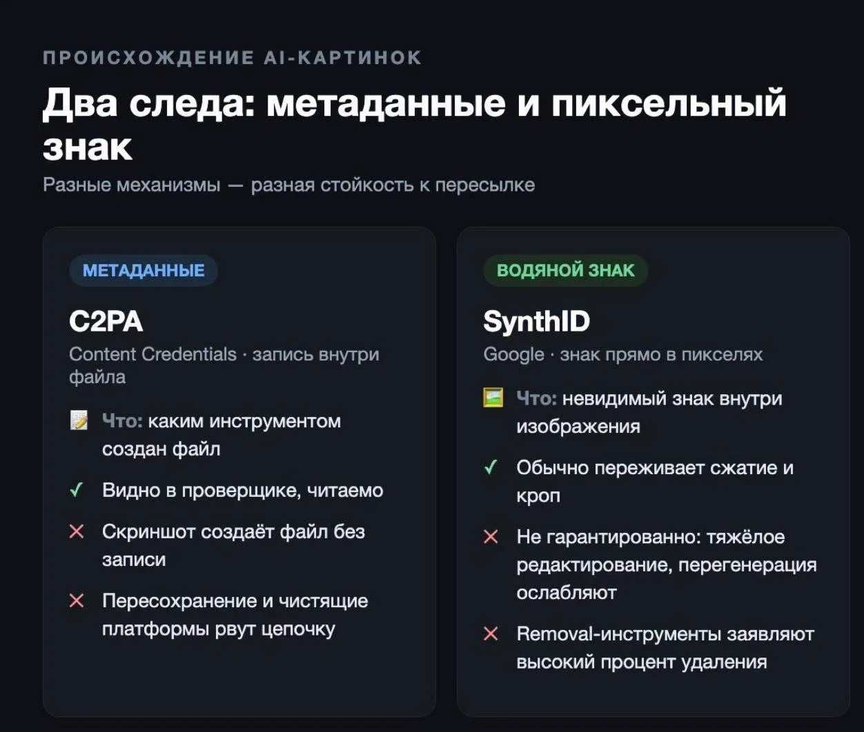 Сейчас существует два механизма для маркировки сгенерированных изображений
