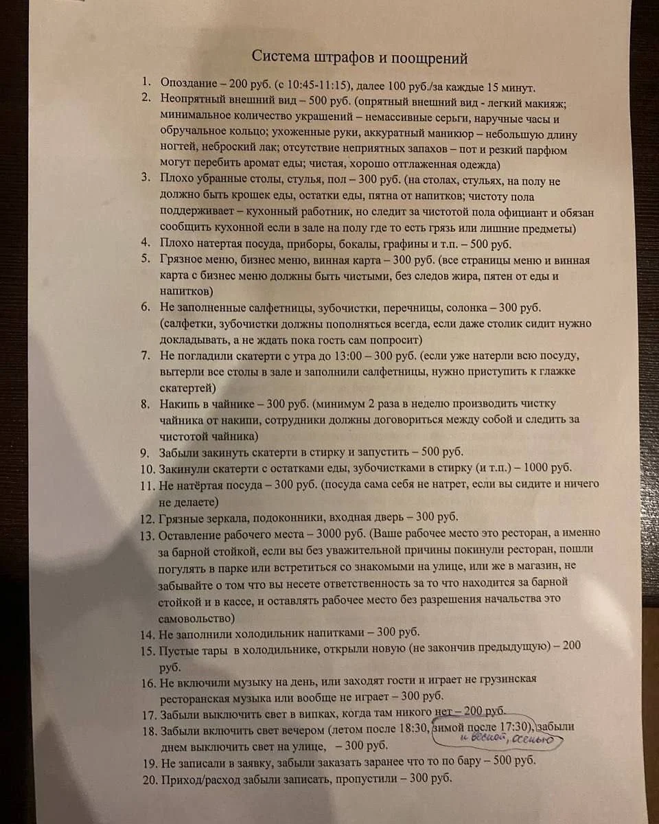 Сотрудники общепита раскрыли систему штрафов и поощрений: штрафовать могут за любое из 42