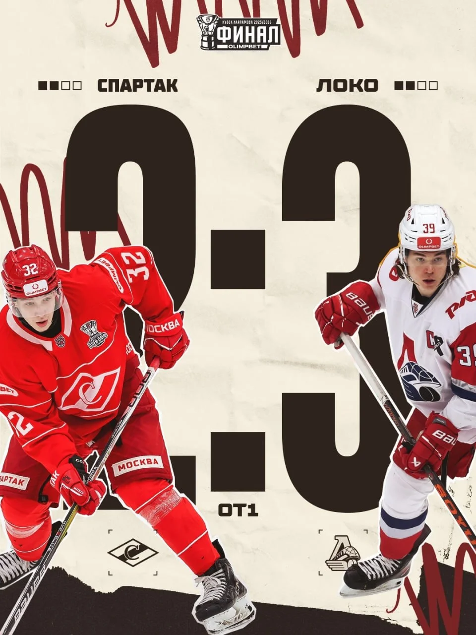 🚂 Локо, одолев в овертайме 🔴 МХК Спартак, сравнял счет в финальной серии Кубка Харламова 🏆
