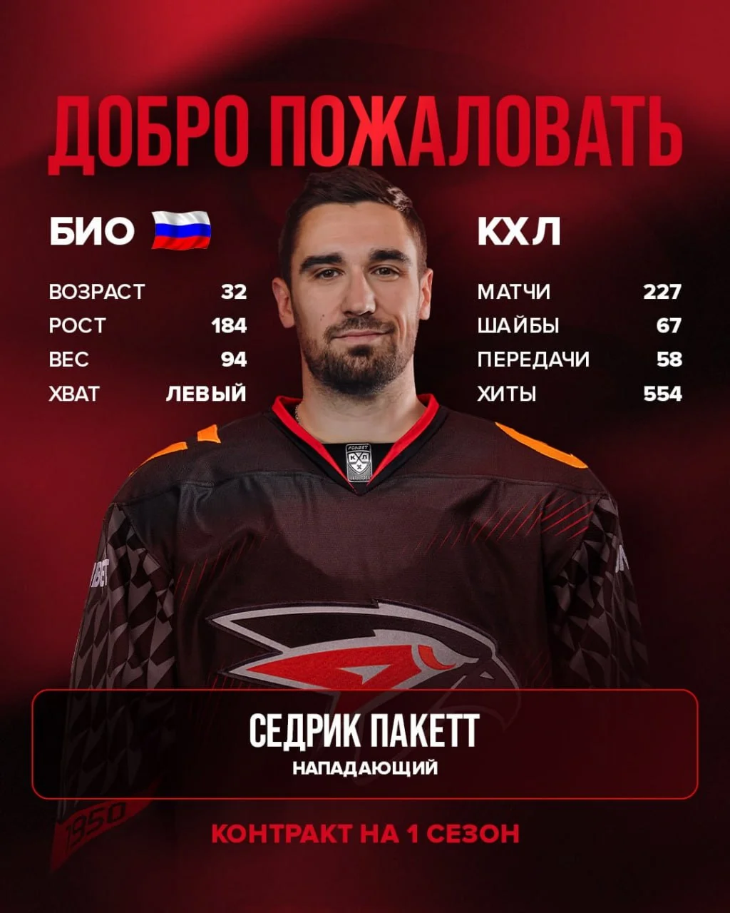 🦅 Авангард заключил контракт с нападающим Седриком Пакеттом на один сезон 📝