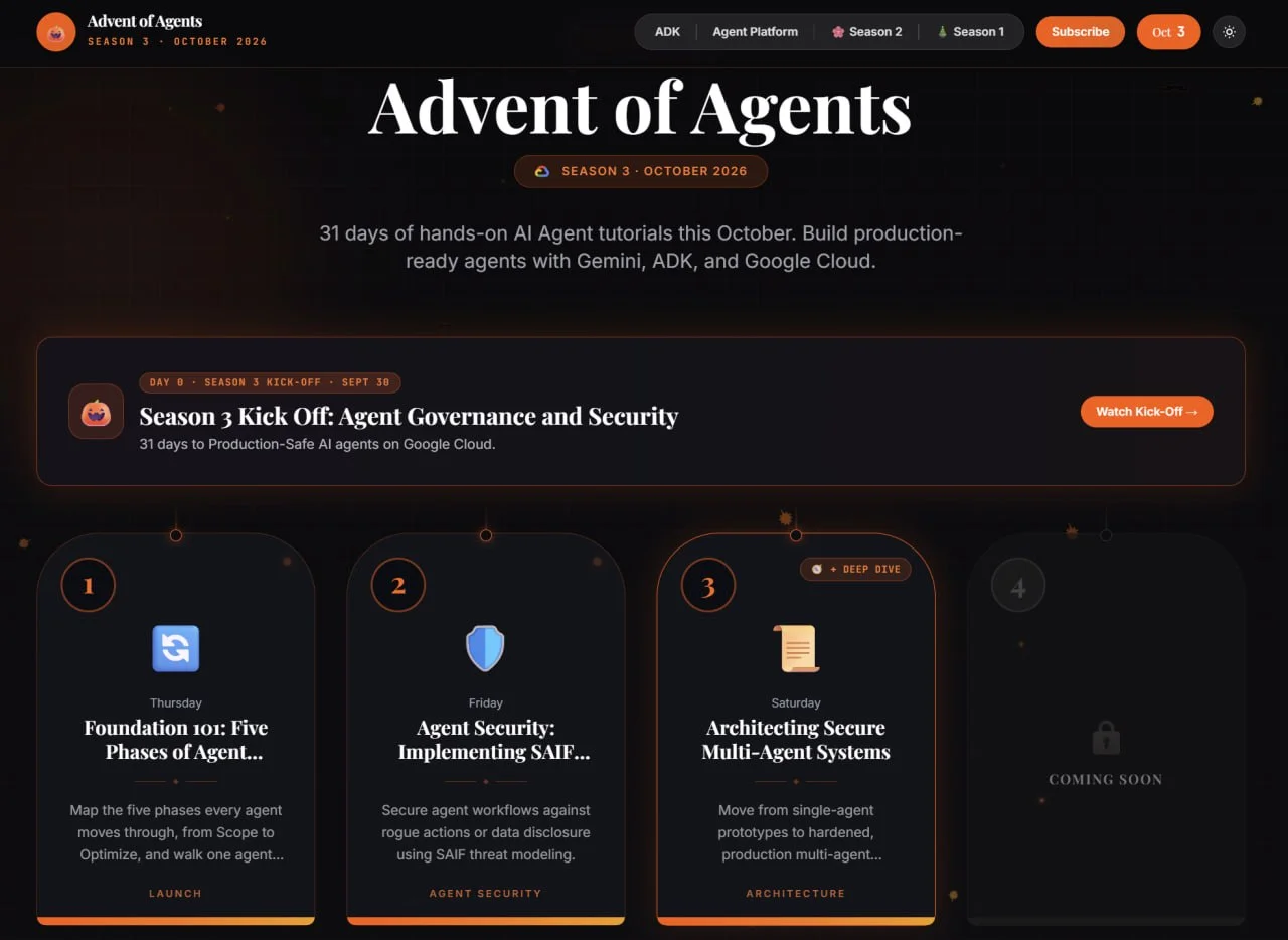 Google вот уже в 3й год подряд запускают свой Advent of Agents - коллекцию обучающих карточек по