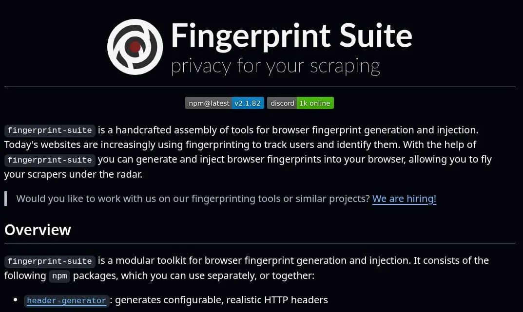 fingerprint-suite - набор инструментов для генерации и внедрения реалистичных отпечатков браузера