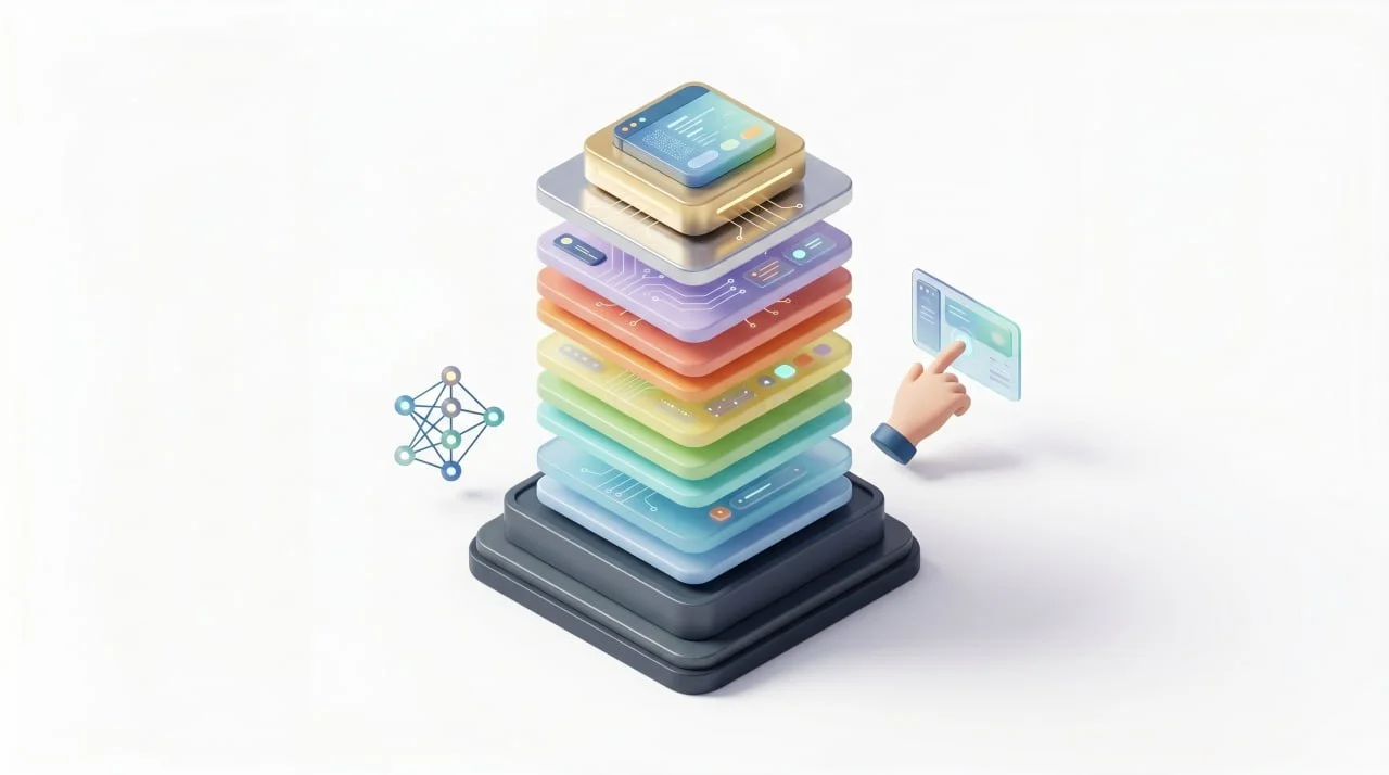 Собрал систему AI-native UI operating system architecture из 12 уровней UI-эволюции и 1 общая база