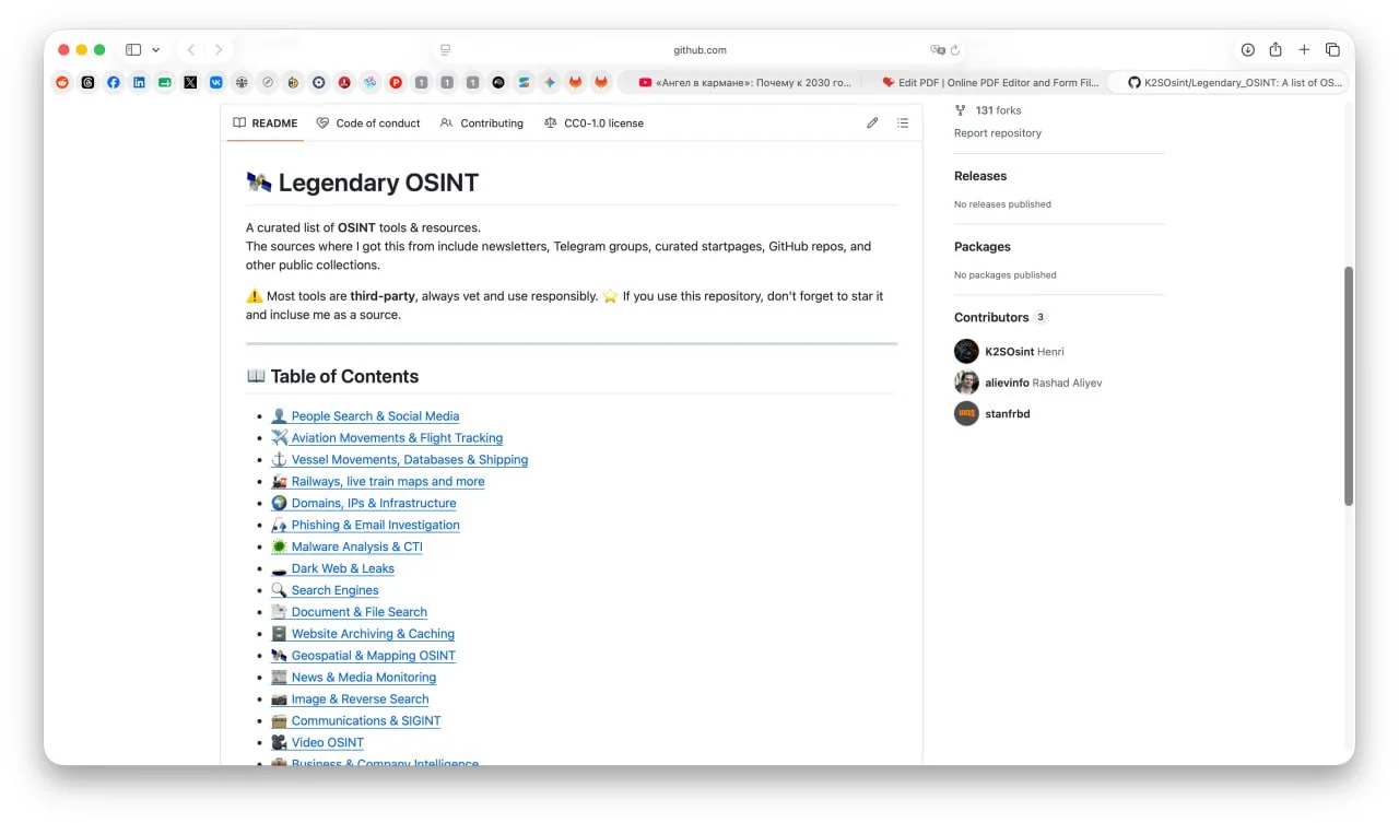 Список инструментов и ресурсов для OSINT (разведки на основе открытых источников), предназначенный