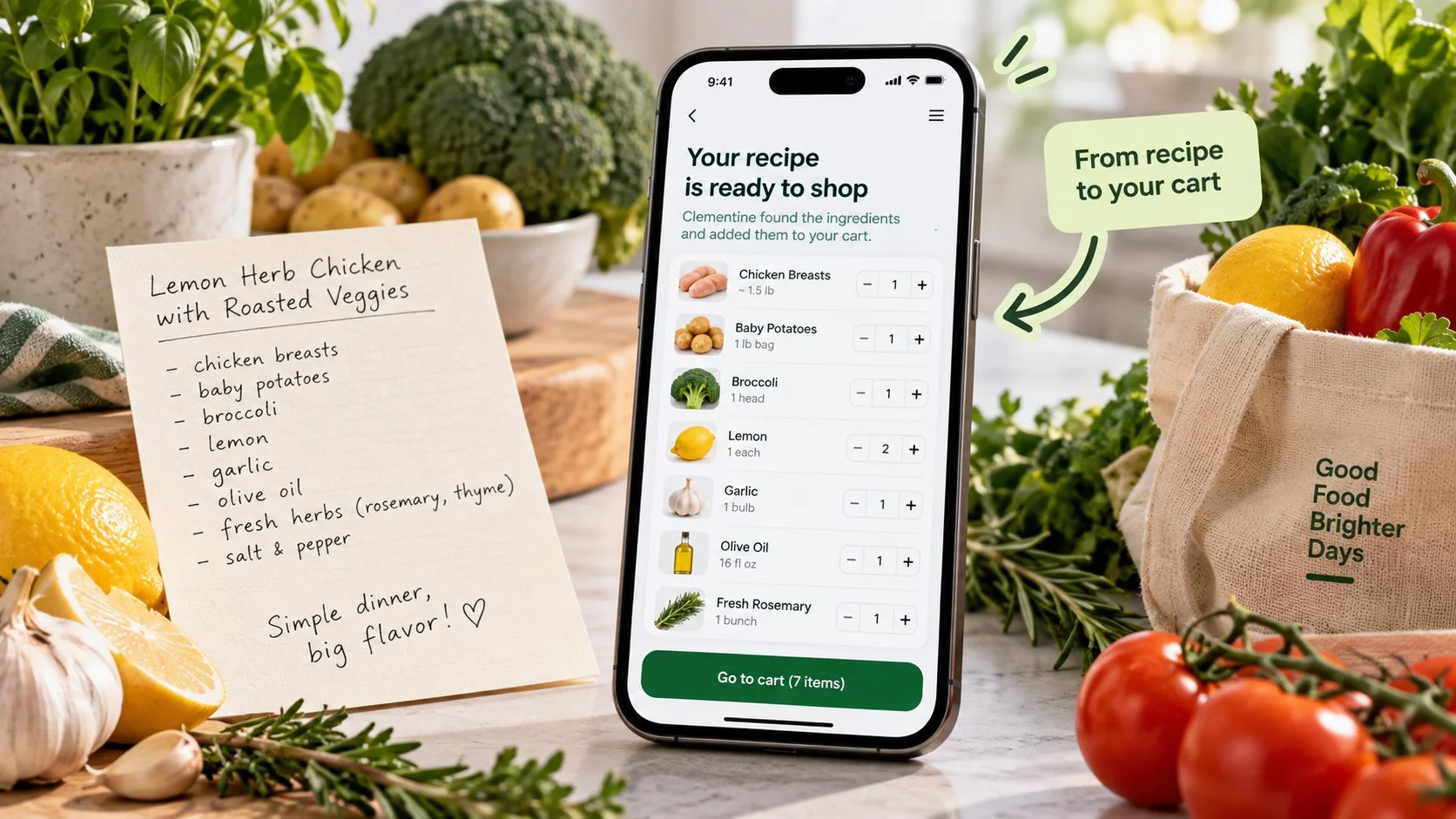Clementine собирает продуктовую корзину из рецепта и учитывает наличие в магазине