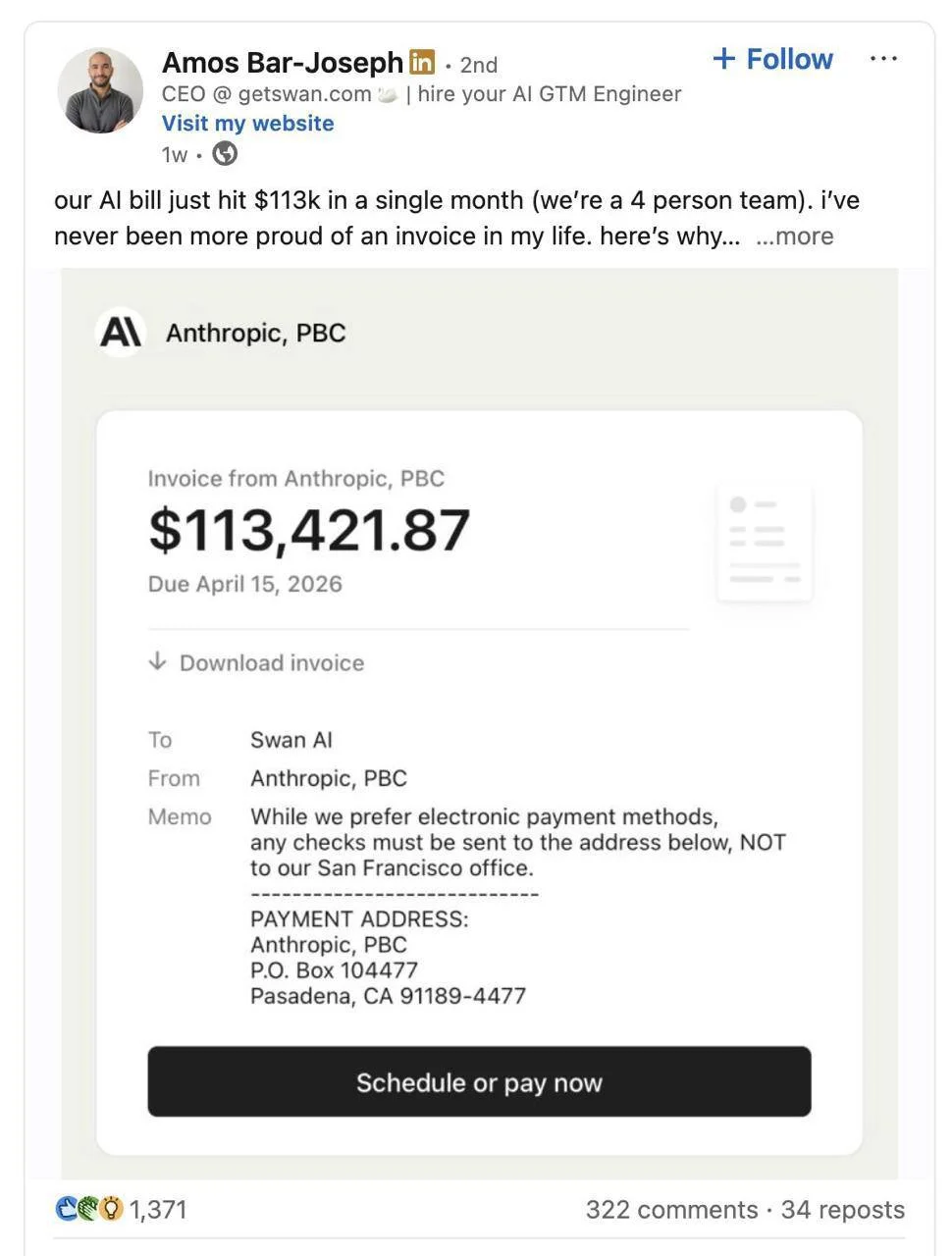 CEO стартапа из 4 человек выложил в LinkedIn счёт от Anthropic на $113 тысяч за месяц с подписью