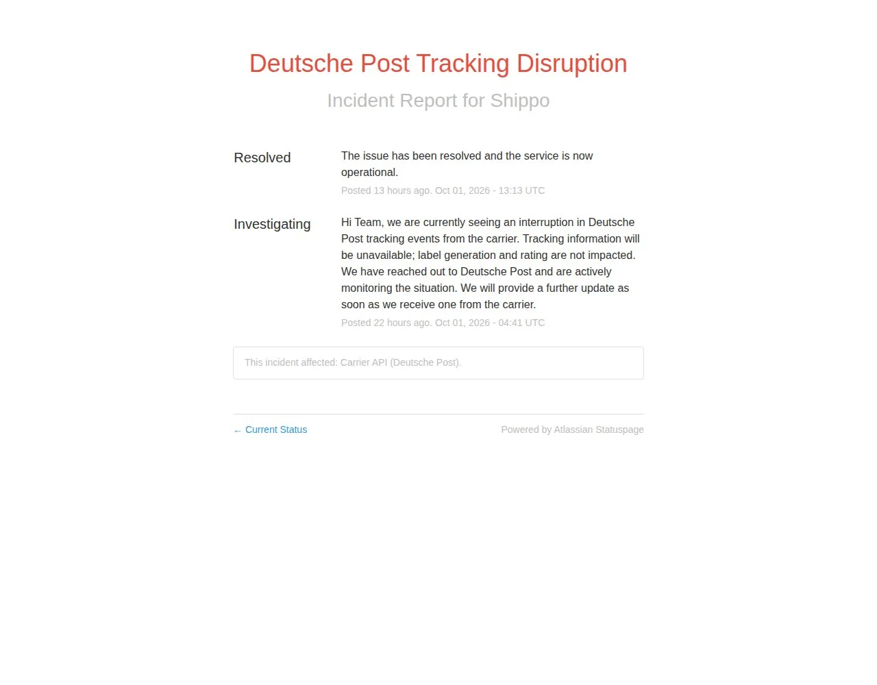 В Германии на восемь с половиной часов пропало отслеживание Deutsche Post через Shippo