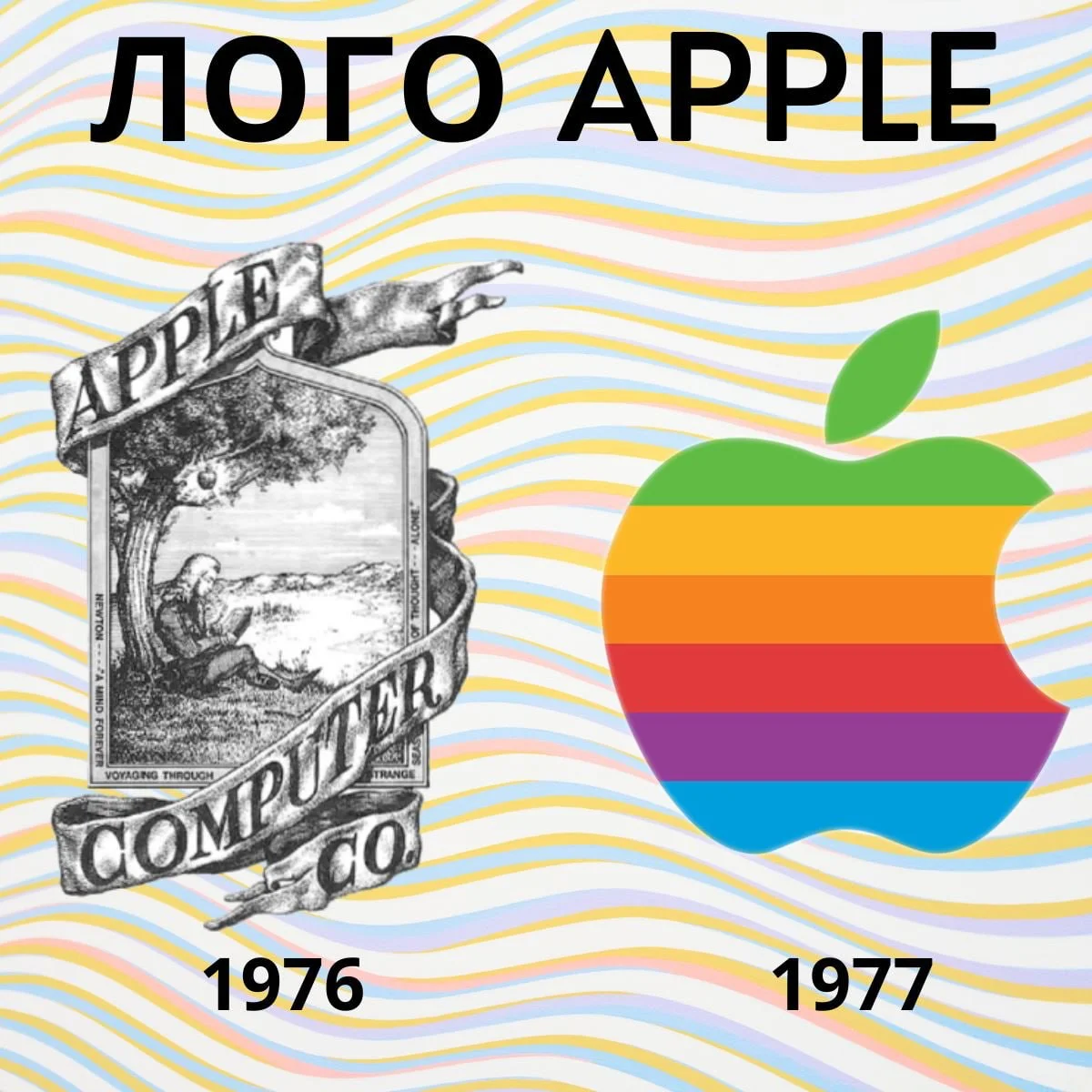 Многие думают, что первая версия лого Apple выглядит как на картинке справа, то есть разноцветная
