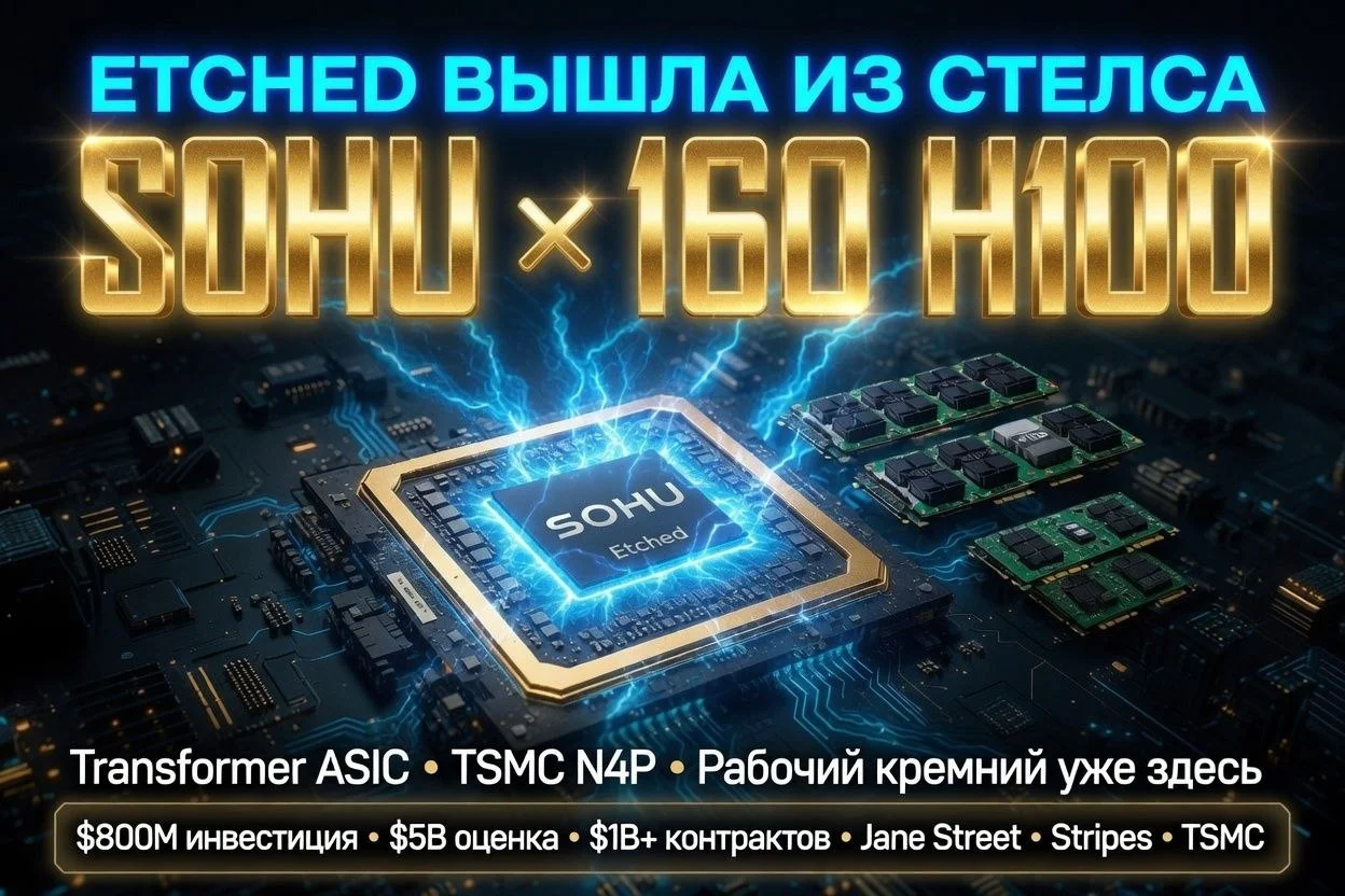 🚨 #новость Etched вышла из стелс-режима: $800M, $5B оценка, и чип, который убивает 160 NVIDIA H100