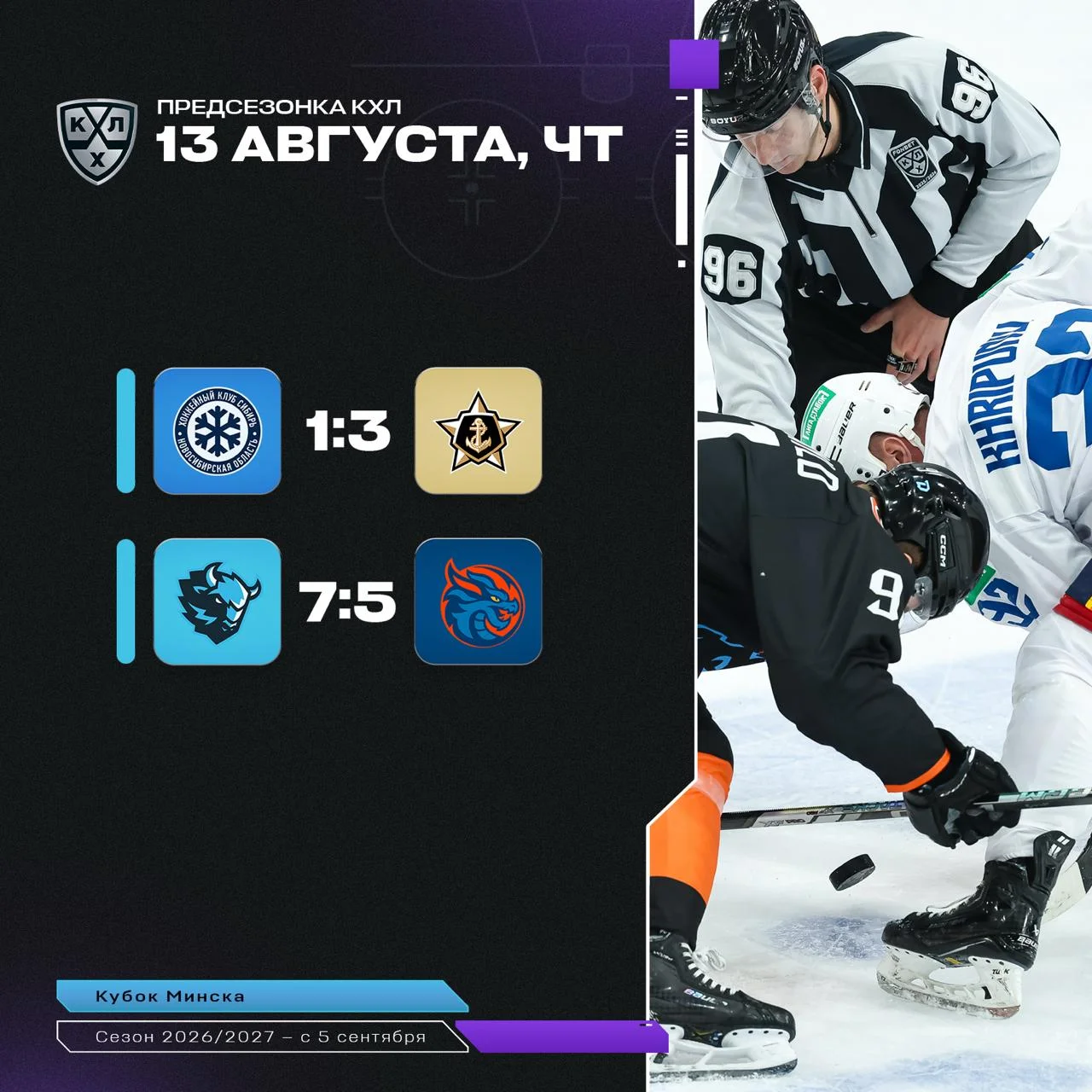 👀 Итоги первого игрового дня предсезонки КХЛ-2026 🏒
