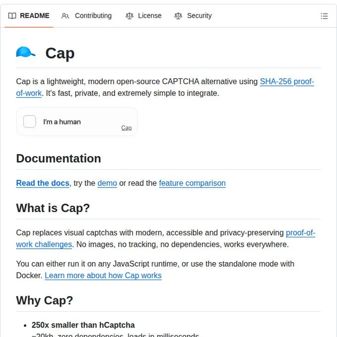 Сap — бесплатная альтернатива reCAPTCHA с открытым исходным кодом и самостоятельным размещением